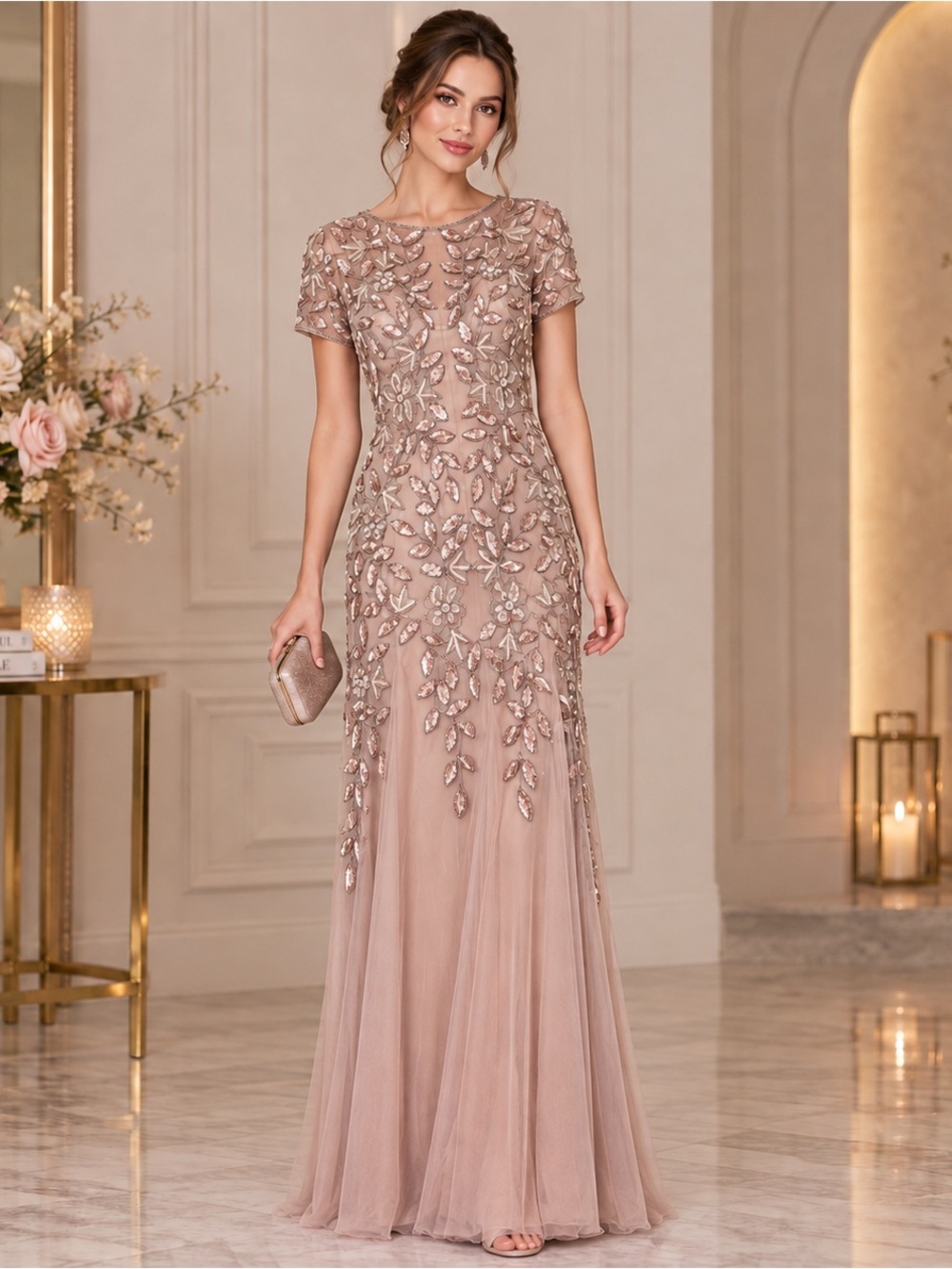 Adrianna Papell Rose Gold Beaded Evening Gown Size 8 | Christmas NYE